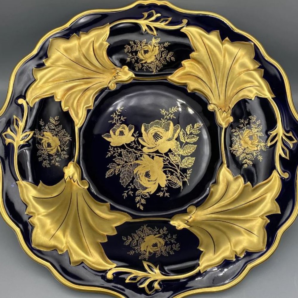 Vintage Jetta Cobalt Blue Gold Leaf Round Platter Bowl w/stand WEIMAR PORCELAIN